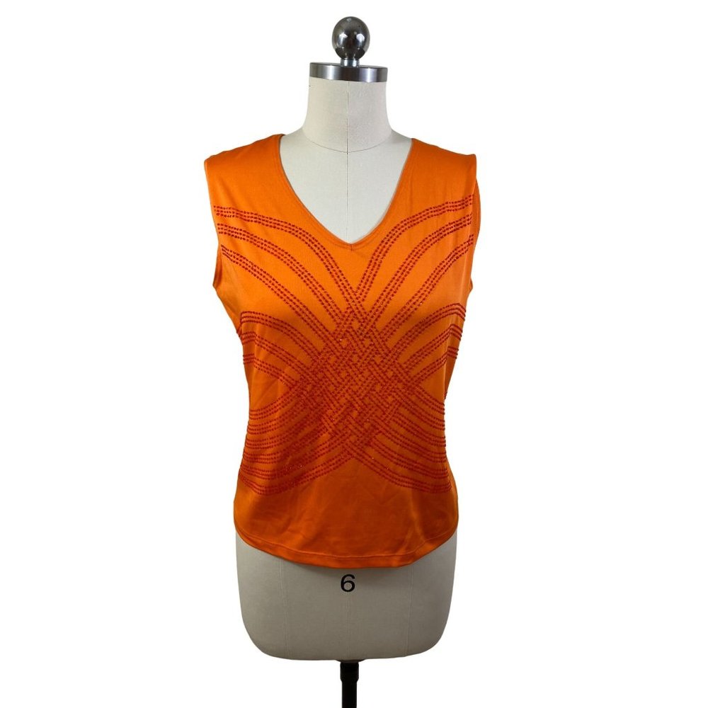 MKM Designs Y2K VTG Womens Top M-L Orange Sequin V-Neck Sleeveless Mod Boho